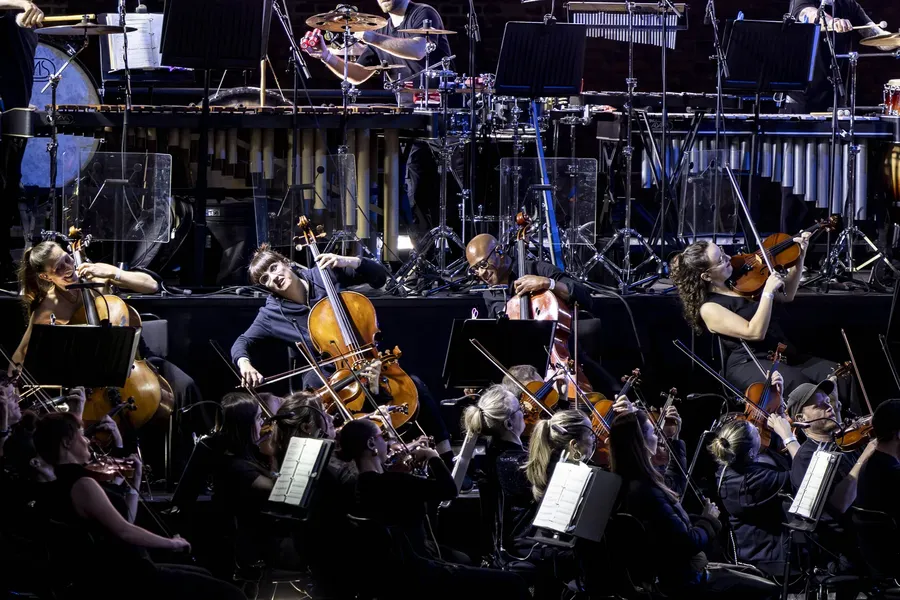 The Essential Orchestra playing, cellists and violinists in front of the percussion section